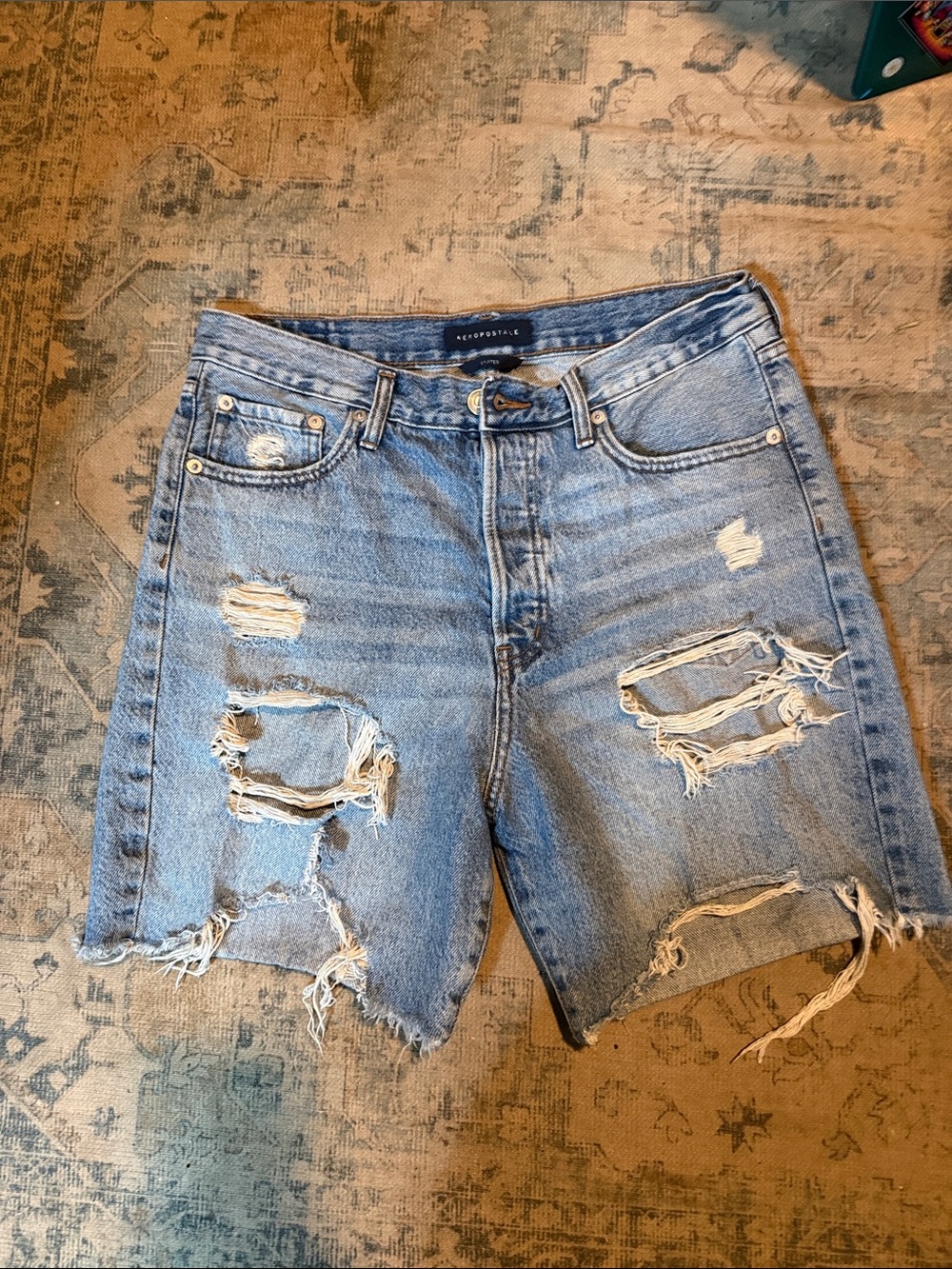 Aeropostale Men's Distressed Light Blue Denim Jean Shorts